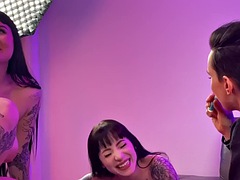 Strap-on tattooed homosexual in lingerie fucks 21 year old in threesome with BTS