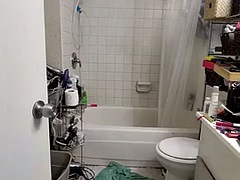 Masturbating my big hairy Latina grandma pussy with a dildo while I shower