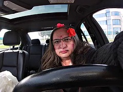 Dirty sexy Sissy Crossdresser Is showing of in the carpark near the highway