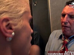 German blonde milf with big boobs and short hair does anal in the elevator