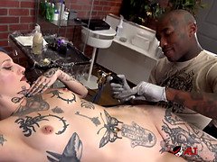 River Dawn Ink gets tattooed and then fucked in the shop
