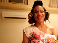 huge-boobed brazilian she-creature showing tanlines behind-the-scenes