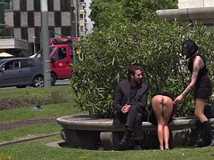 Public naked slut whipped outdoor by master and domina