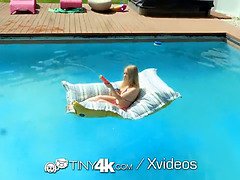 Kylie Shay's tight pussy gets filled with hot jizz after a hot blowjob and creampie poolside