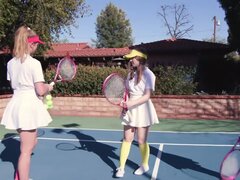 During tennis training three nymphs seduce coach on the court