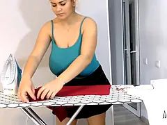 Huge Natural Boobs blonde Ironing naked at Home