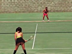 Two girl are playing tennis and betting before having sex