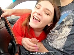 Brunette, sex while driving, public outside