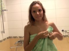 Skinny chick does a sexy striptease and sucks a dick