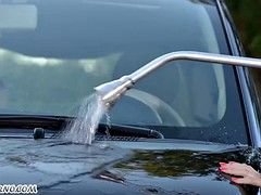 Horny American milfs with mega boobs wash car use their big tits