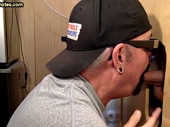 Real gay daddy sucks cock at gloryhole in private homemade video
