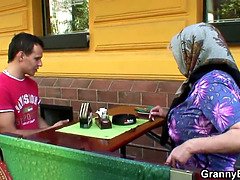 Moaning grandma rides young meat