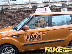 Faux driving college daddys female fails her test with strict busty mature examiner