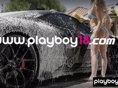 Nude asian babe and BFFs washing a car