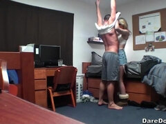 Dude sets the camera and films hot blonde blowjobbing his dick