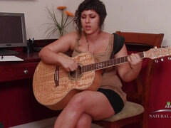 Super hot hairy thick big tit hippy with guitar - solo masturbation