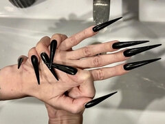 Black Long Nails, Sharp Stilettos, Long Fingers and Hands Worship, Palms Wide