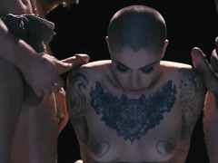 Fantastic gang bang scene of slutty bitch and three dark angels