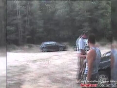 Hot swinger couple fucks 2 guys in car - public parking lot sex with facials & cumshots!