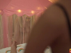 엉덩이, 침실, 유럽인, 힐, 대단히, 밀프, 짧은 머리, 끈 팬티