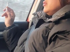 Big Lips Smoking in Car Leather Pants