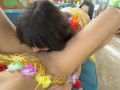 Hazel Heart and Remi Jones throw an intimate luau themed party