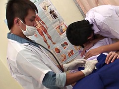 Asian twinks enjoy oral sex while having threesome with the doctor