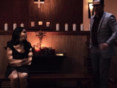 Pretty brunette tempted into sex with mysterious pastor