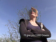 platinum-blonde Czech with perfect globes is paid to flash and bang