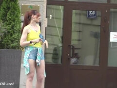Jeny Smith walks in public with transparent shorts. Real flashing moments