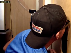 Gray gay daddy blowjob and handjob on top of the glory hole