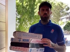 POV threesome blowjob for pizza delivery boy feat. two horny sluts